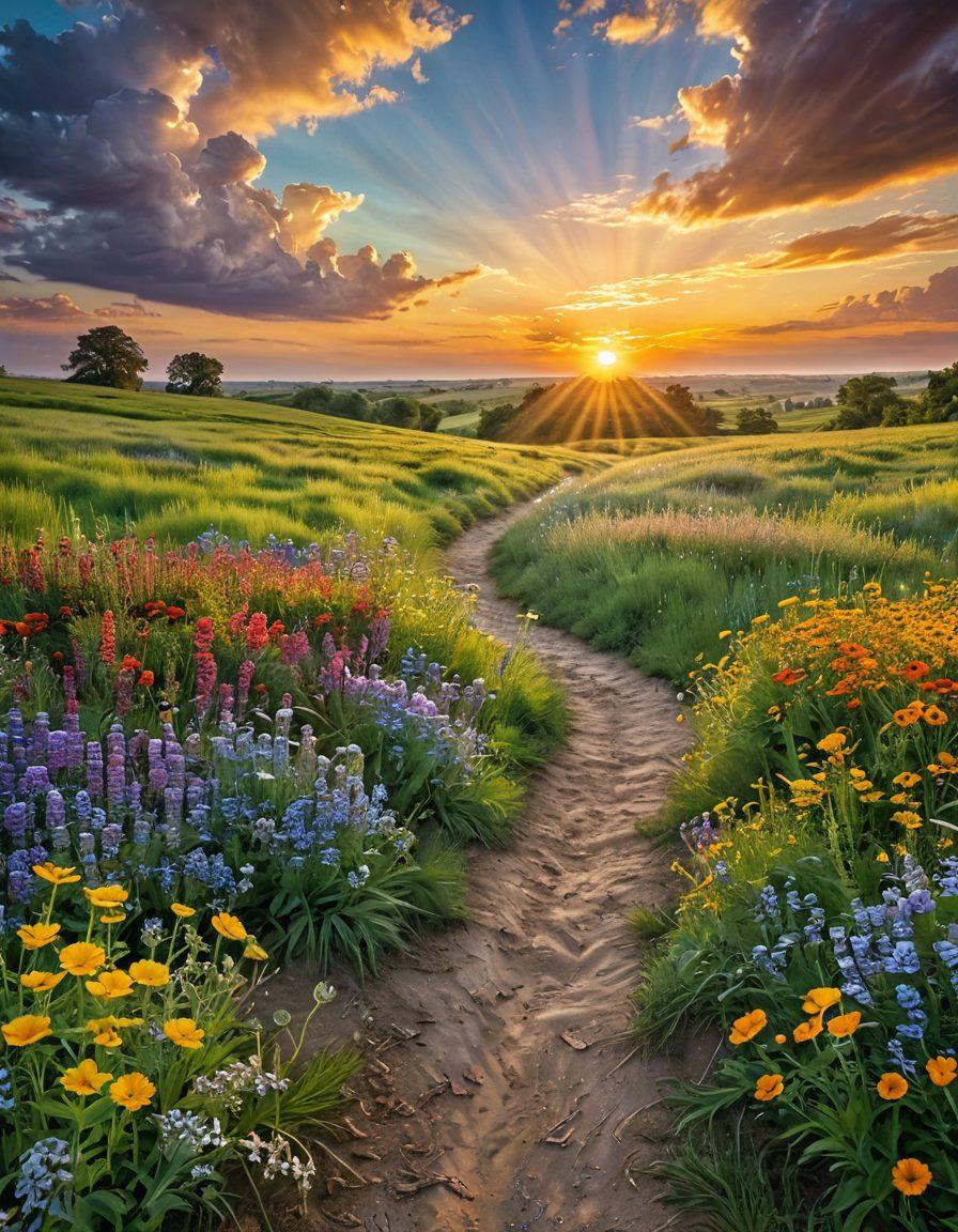 A serene landscape depicting a vibrant sun rising over a lush green field filled with colorful wildflowers, symbolizing joy and positivity. A pathway meanders through the scene, inviting the viewer on a journey of growth and optimism. In the sky, fluffy clouds form heart shapes, embodying the essence of happiness. A group of diverse people picnic together, radiating laughter and connection. pastel colors. super-realistic. serene atmosphere.