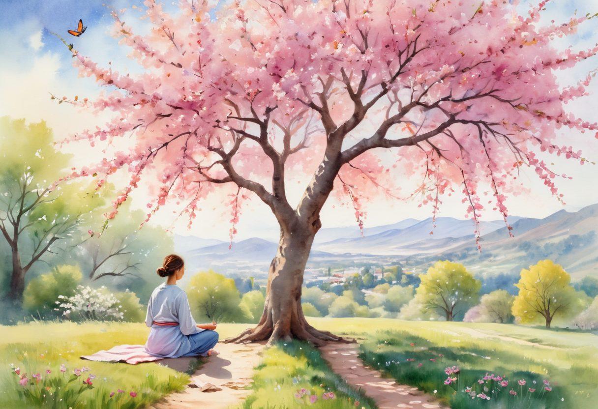 A serene and tranquil landscape with a peaceful person meditating under a blossoming cherry tree, surrounded by soft pastel colors and gentle sunlight filtering through the leaves. Integrate symbols of personal growth, like butterflies and blooming flowers in the foreground, to symbolize transformation and happiness. Include a subtle representation of a path leading to a brighter horizon in the background. watercolor painting. vibrant colors. soft focus.