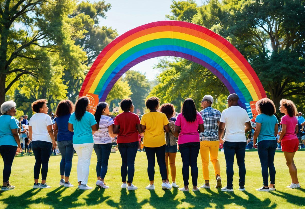 A vibrant community gathering in a sunlit park, with diverse individuals smiling and engaging in uplifting conversations. Colorful banners displaying words like 'Positivity' and 'Elation' flutter in the breeze, while joyful children play in the background and a gentle rainbow arcs overhead. Warm, inviting colors create a sense of harmony and connection. super-realistic. vibrant colors. bright atmosphere.